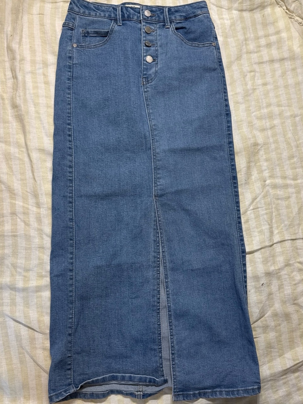 Oat New York Blue Button-Front Denim Maxi Skirt with Front Slit